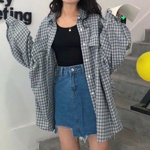 Gray Plaid Puff-Sleeve Oversized Shirt, One Size. Fits like a M-L.